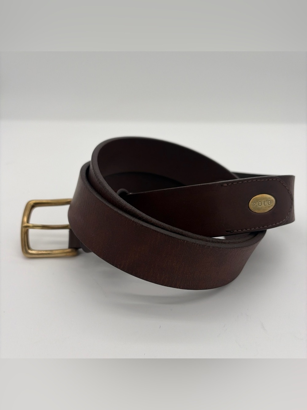 Vintage POLO RALPH LAUREN Leather Belt Mens 38 Brown Brass Buckle Oval Plaque